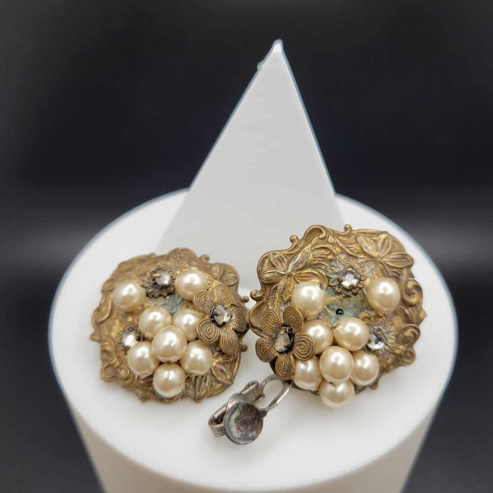 Vintage Art Nouveau Brass Faux Cluster Pearl Sterling Clip-On Earrings *AS-IS* - Picture 2 of 15